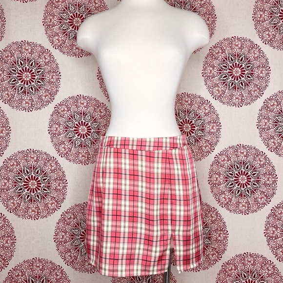 SHEIN Pink Plaid Stretch Mini Skirt Size S 4 6 Ivory Zipper Schoolgirl Preppy - Picture 3 of 9